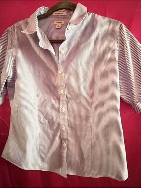 L.L.Bean Women's Blue and White Striped Wrinkle-Free Button-Up Shirt